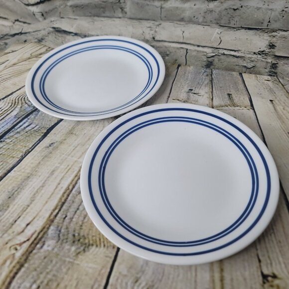 2 Corelle Blue Stripe 6.75" Salad Dessert Plates - Picture 1 of 3